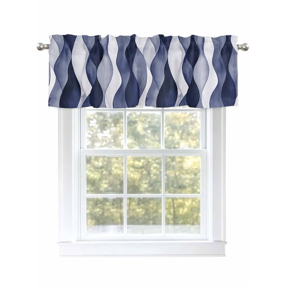 Navy Blue Valances for Windows, Rod Pocket Kitchen Valance Curtains - Soft & Washable Small Window Treatment for Living Room,&nbsp;Bathroom, Watercolor Abstract Ocean Waves, 54x18inch