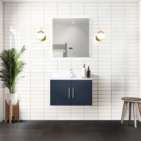 Navy Blue Vanity For Bathroom With Marble And 30 In. Led Mirror - Soft Close, To Stains, Spacious Storage Scratch Stain ,