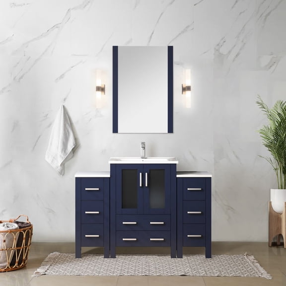 Navy Blue Vanity With Side Cabinet, Soft Close & White Ceramic Top - Elegant 5 Drawers, 34 In. Mirror Convenient