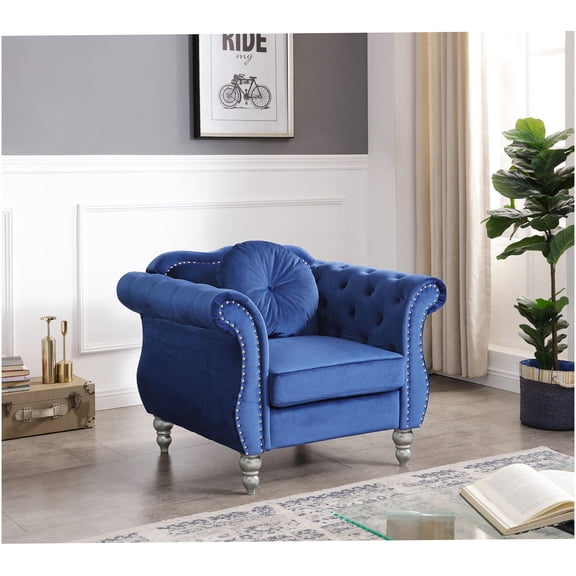 Navy Blue Velvet Accent Chair, Transitional Upholstered Armchair with Flared Arms for Living Room, Bedroom