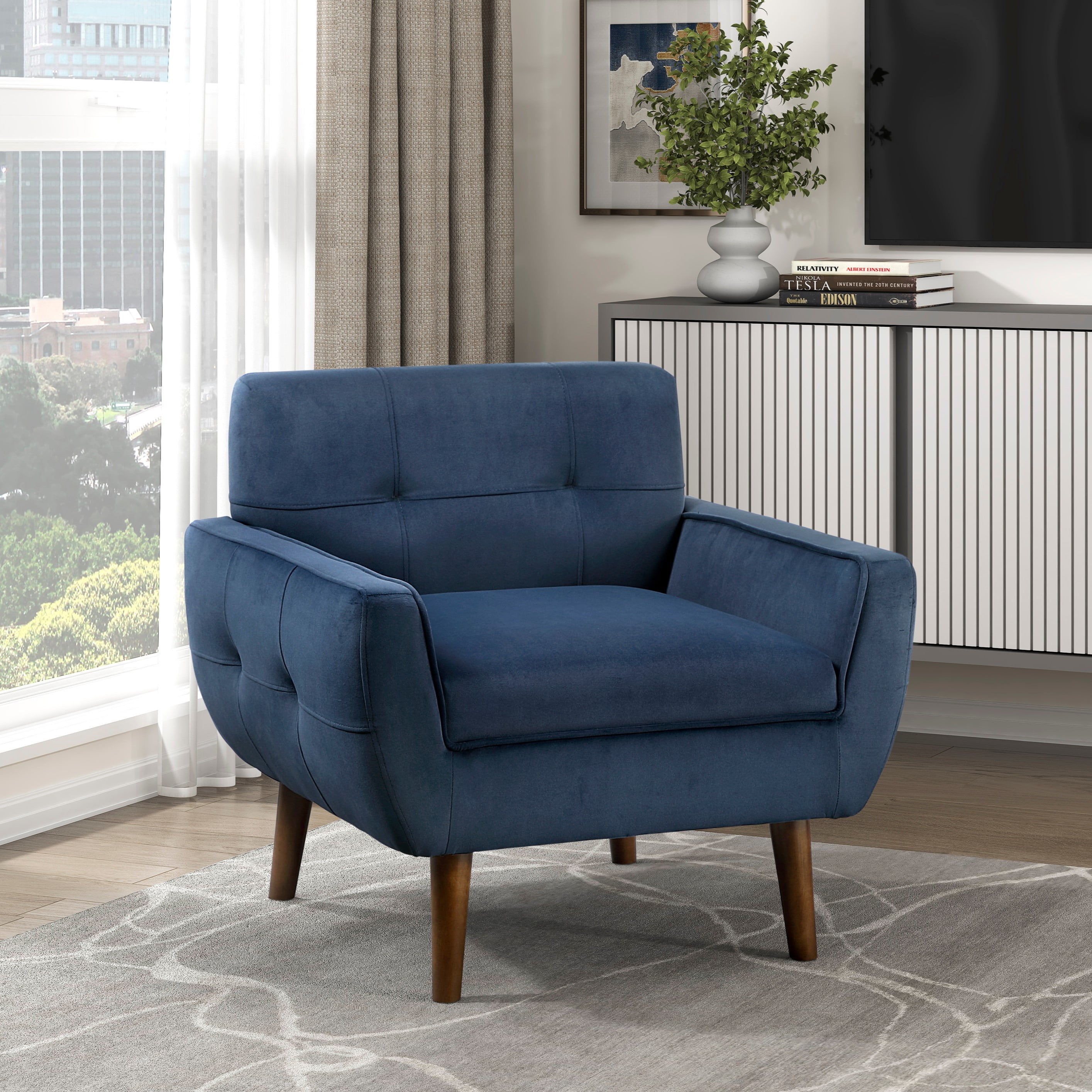 Navy Blue Velvet Accent Chair - Tufted Modern Living Room Furniture, 34