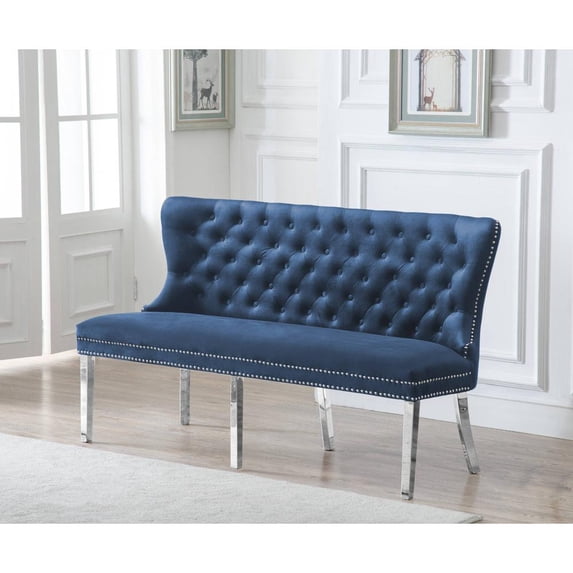 Navy Blue Velvet Bench with Tufted Seat and Silver Stainless Steel Legs