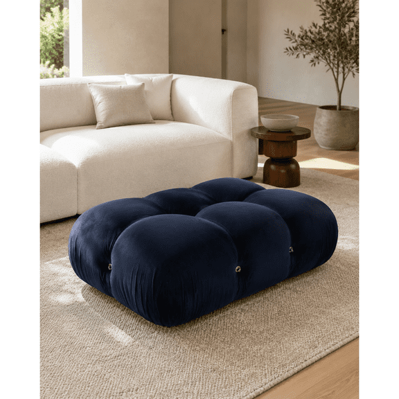 Navy Blue Velvet Bubble Sofa Ottoman, Merbau Wood Frame with 3 Layer Polyurethane Foam, Black Stain Solid Wood Legs, Medium Soft Footrest for Living Room