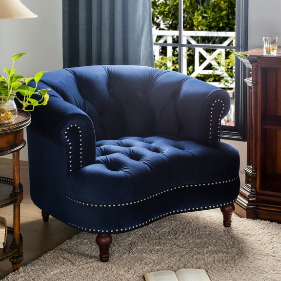 Navy Blue Velvet La Rosa Accent Chair. Kiln-dried Hardwood & 11-layer Plywood Frame. Fabric Upholstery And Foam Fill. Reliable High-strength Spring Suspension. Stylish Satin Silver Iron Nailhead