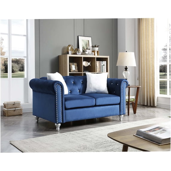 Navy Blue Velvet Loveseat Sofa for Small Spaces, Modern Two-Seater Couch with Round Arms