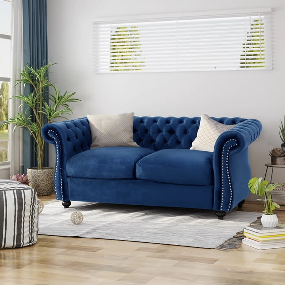 Navy Blue Velvet - Rolled Arms and Deep Seating - Home Decorating - Comfortable and Attractive