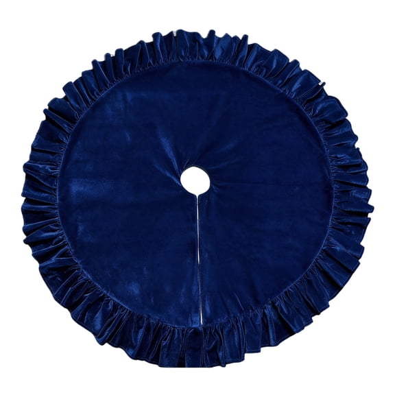 Navy Blue Velvet Ruffled Christmas Tree Skirt, 48 Inch Plush Holiday Tree Mat with Pleated Edge