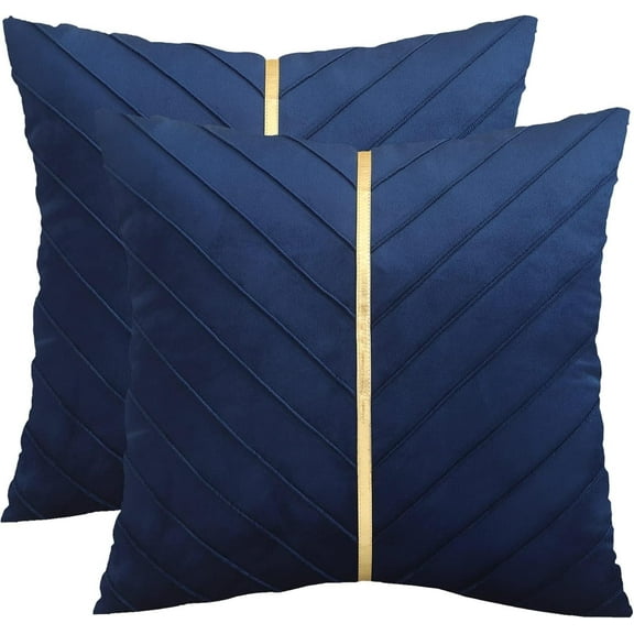 Navy Blue Velvet Throw Pillow Covers 18 x 18 inch Pack of 2 with Gold Leather Decorative Couch Pillowcases Luxury Modern Pillow Cover for Living Room Bedroom Sofa Cushion Bed