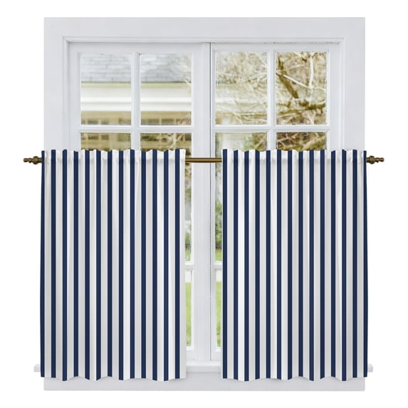Navy Blue Vertical Striped Kitchen Curtains 45 Inch Length, Farmhouse Thin Line Stripes Tiers Curtains for Bathroom Bedroom Cafe, Light Filtering Small Window Treatment Drapes 2 Panels 42"Wx45"L