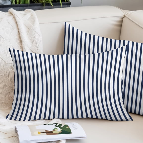 Navy Blue Vertical Striped Throw Pillow Cover, Pillowcase Protectors with Zipper, Breathable Decorative Lumbar Pillow Case Cover, Farmhouse Thin Line Stripes Pillow Shams for Couch Sofa 12x20Inch
