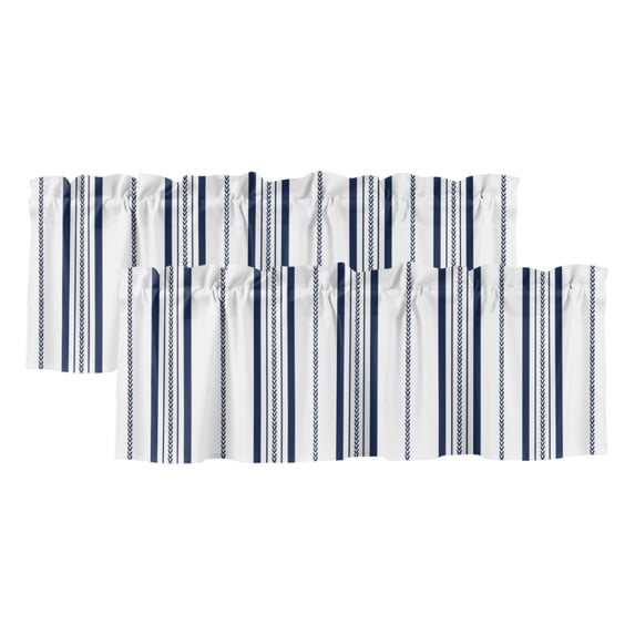 Navy Blue Vertical Stripes Curtain Valances for Windows, Kitchen Valance Window Treatments Panel 2 Pack, Geometric Farmhouse Striped Rod Pocket Short Curtains for Bathroom Bedroom 42 x 12 Inch
