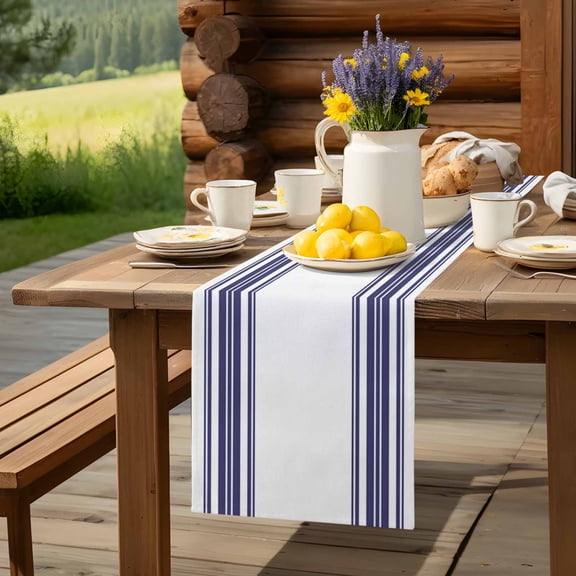 Navy Blue Vertical Stripes Table Runner 60 Inch Long Nautical Lines Art Table Runners Linen Burlap Tablerunner for Kitchen Dining Room Holiday Party