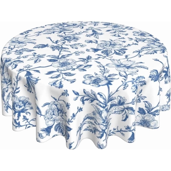 Navy Blue Vintage Floral Round Tablecloth 70 Inch Chinoiserie Flower Table Cloth Spring Summer Holiday Table Covers Polyester Indoor Outdoor Farmhouse Tablecloth for Kitchen Dining Party Picnic