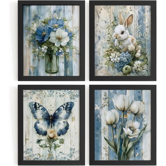 Navy Blue Vintage French Country Cottagecore Wall Art Room Decor, Farmhouse Floral Rabbit Wall Decor, Spring Decorations for Home Bathroom Kitchen Bedroom, Set of 4, 8x10 Unframed
