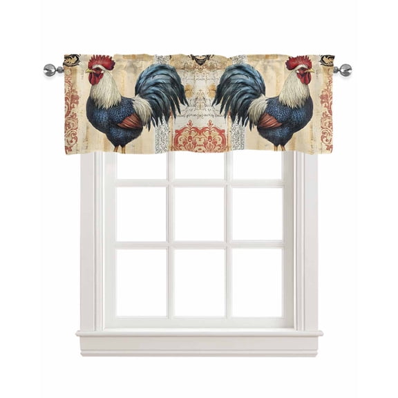 Navy Blue Vintage Rooster Kitchen Valances for Windows Farmhouse Linen Window Valance Curtain for Living Room Window Treatment Watercolor Animals Valance Rod Pocket Topper Drape, 42 x 18 Inch