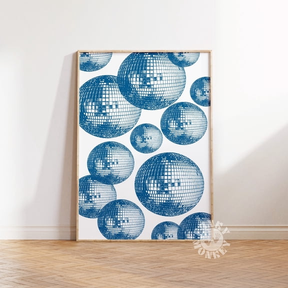 Navy Blue Wall Art Blue Aesthetic Poster Trendy Disco Ball Wall Art Preppy Girly Poster Apartment Decor Retro Poster, Poster Only
