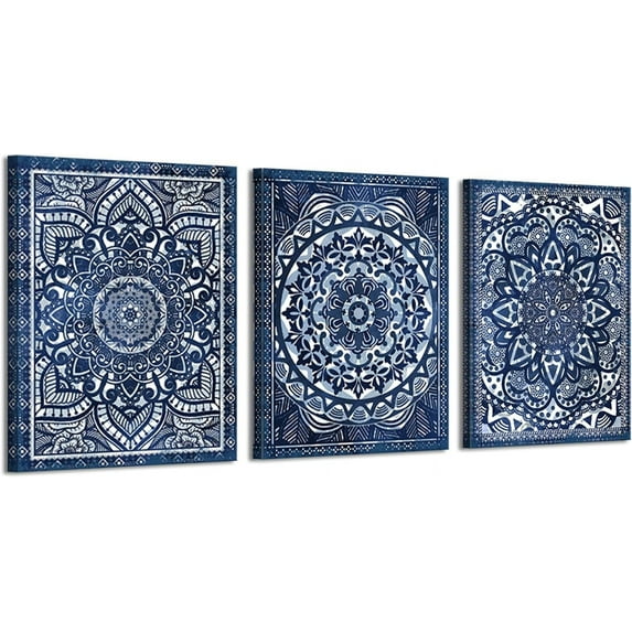 Navy Blue Wall Decor with Talavera, Mandala, and Moroccan Art Prints - Vintage Wall Art for Bohemian, and Mexican Decor - Elegant Artistic Wall Decorations for Home