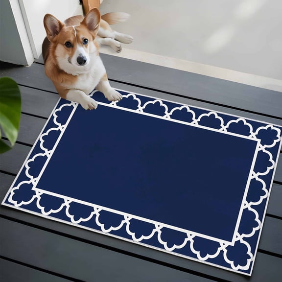 Navy Blue Washable Entry Rug 2x3 Geometric Blue Morocco Printed Border Modern Rustic Low-Profile Area Rugs with Non Slip Backing Indoor Floor Carpet for Entrance Living Room Bedroom Home Office