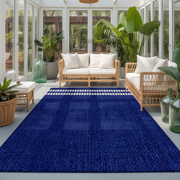 Navy Blue Washable Living Room Rugs 5'x8', Oatmeal Beige Deep Blue Woven Fabric Texture Rustic Farm Washable Throw Large Area Rug Non-Slip Sturdy Edge Binding Carpet for Living Area Kitchen Office