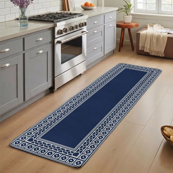 Navy Blue Washable Runner Rug 3X5 ft Boho Diamond Pattern Border Rustic Southwestern Non-Slip Hallway Runner Rug, Linen Kitchen Runner Mats, Indoor Floor Carpet for Entryway Bathroom Bedroom