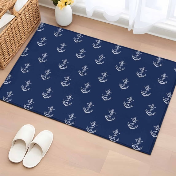 Navy Blue Washable Small Entryway Area Rugs 2'x3', Nautical Anchor Minimalist Modern Art Low Pile Throw Rug Non-Slip Sturdy Edge Binding Carpet for Front Door Floor Room Entry