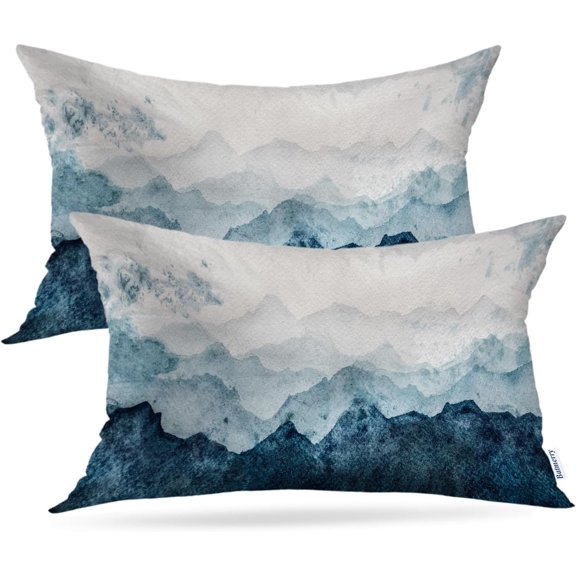 Navy Blue Watercolor Mountains Throw Pillow Covers, Sky Decorative Pillow Covers Digital Printing Blended Fabric for Couch Sofa Bed Invisible Zipper 12X20 in(Set of 2)