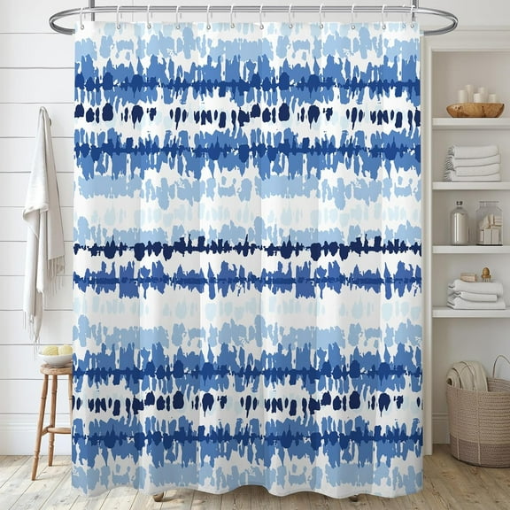 Navy Blue Waterproof Fabric Shower Curtain, Abstract Ocean Shower Curtains Sets for Bathroom,Blue White Bath Curtain with 12 Hooks 72x72 Inches