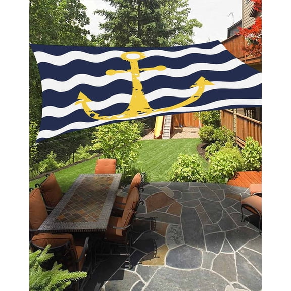 Navy Blue Waterproof Sun Shade Sail Wave Stripes Yellow Nautical Anchor Outdoor Patio Sun Shades Canopy UV Block Waterproof Sunshade for Garden Backyard Deck Pergola 8x10 Ft