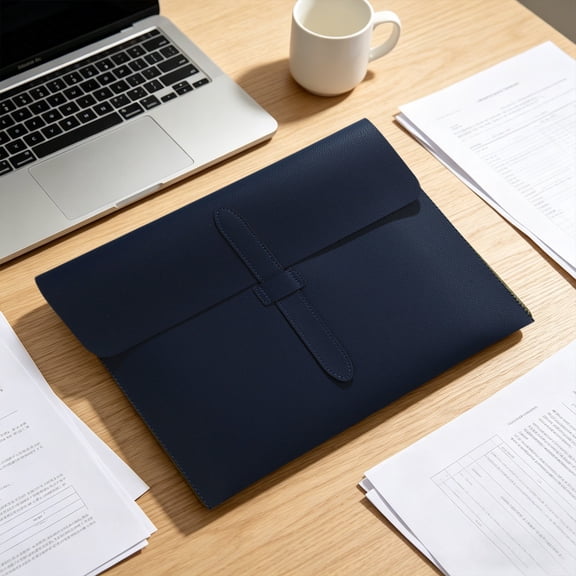 Navy Blue Waterproof Thickened Leather Folder, Professional Leather Briefcase for Class Projects, office Reports, Business Trips and Work Documents