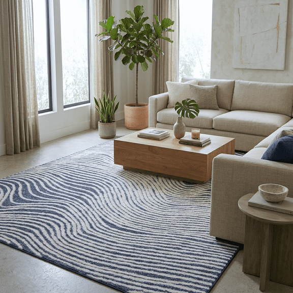 Navy Blue Wave Hand Tufted Wool Area Rug 5x8 | Coastal Boho Abstract Stripe Living Room Bedroom Rug | Handmade Soft Thick Pile by Loom Mantra