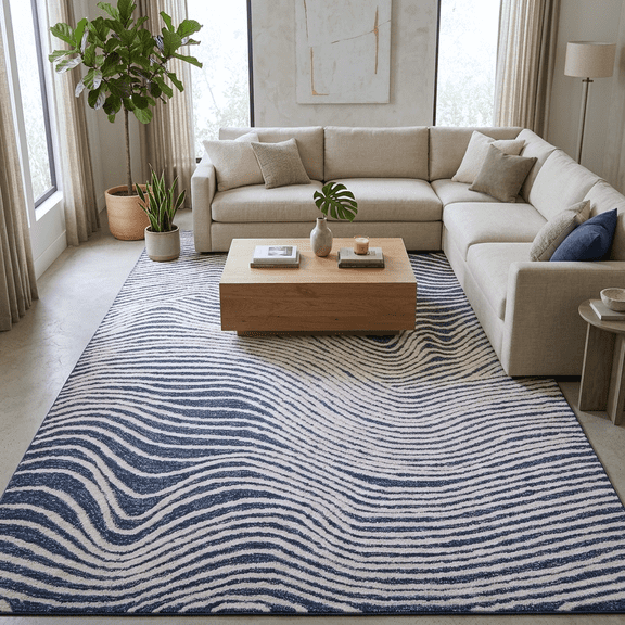 Navy Blue Wave Hand Tufted Wool Area Rug 5x8 | Coastal Boho Abstract Stripe Living Room Bedroom Rug | Handmade Soft Thick Pile by Loom Mantra