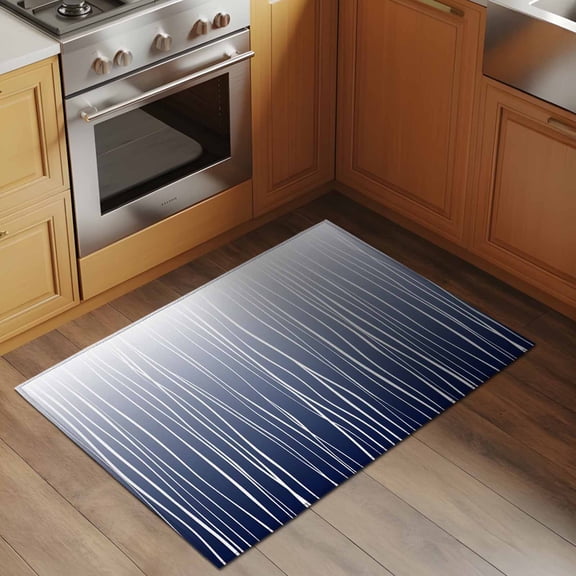Navy Blue Wave Lines 2x3 Rug for Entryway Front Door Kitchen Sink Area, Gradient Minimalist Abstract Texture Low Pile Washable Non Slip Rectangle Area Rug