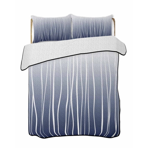 Navy Blue Wave Lines Quilts Bedding Set Queen Size Gradient Minimalist Abstract Texture Lightweight Quilted Bedspread 3 Piece Bed Quilt with 2 Pillow Shams All Season for Bedroom 78" x 90"