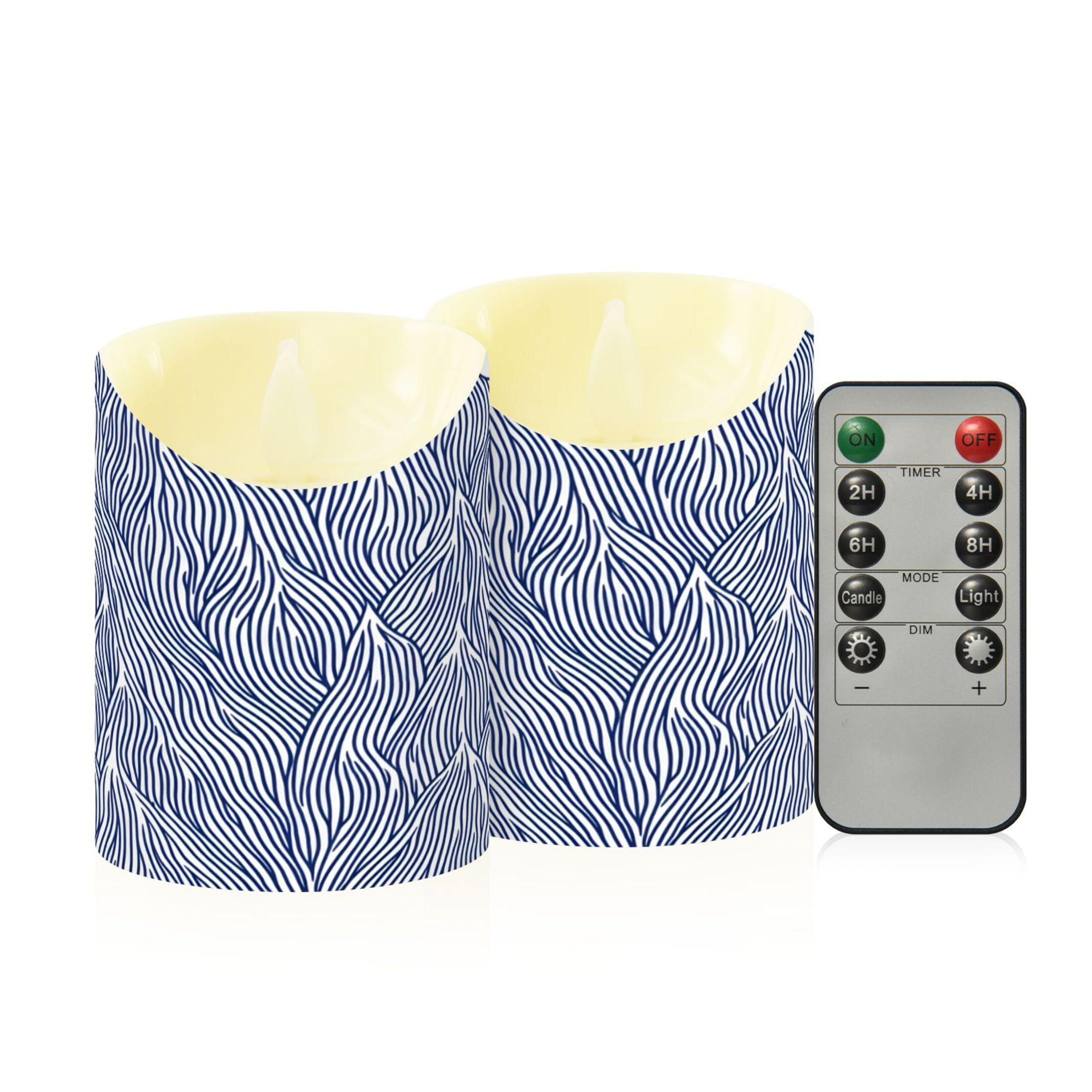 Navy Blue Wave Pattern Flameless Candles 2 PCS with Remote Realistic Moving Flame LED Tapered Pillar Set for Home Decor