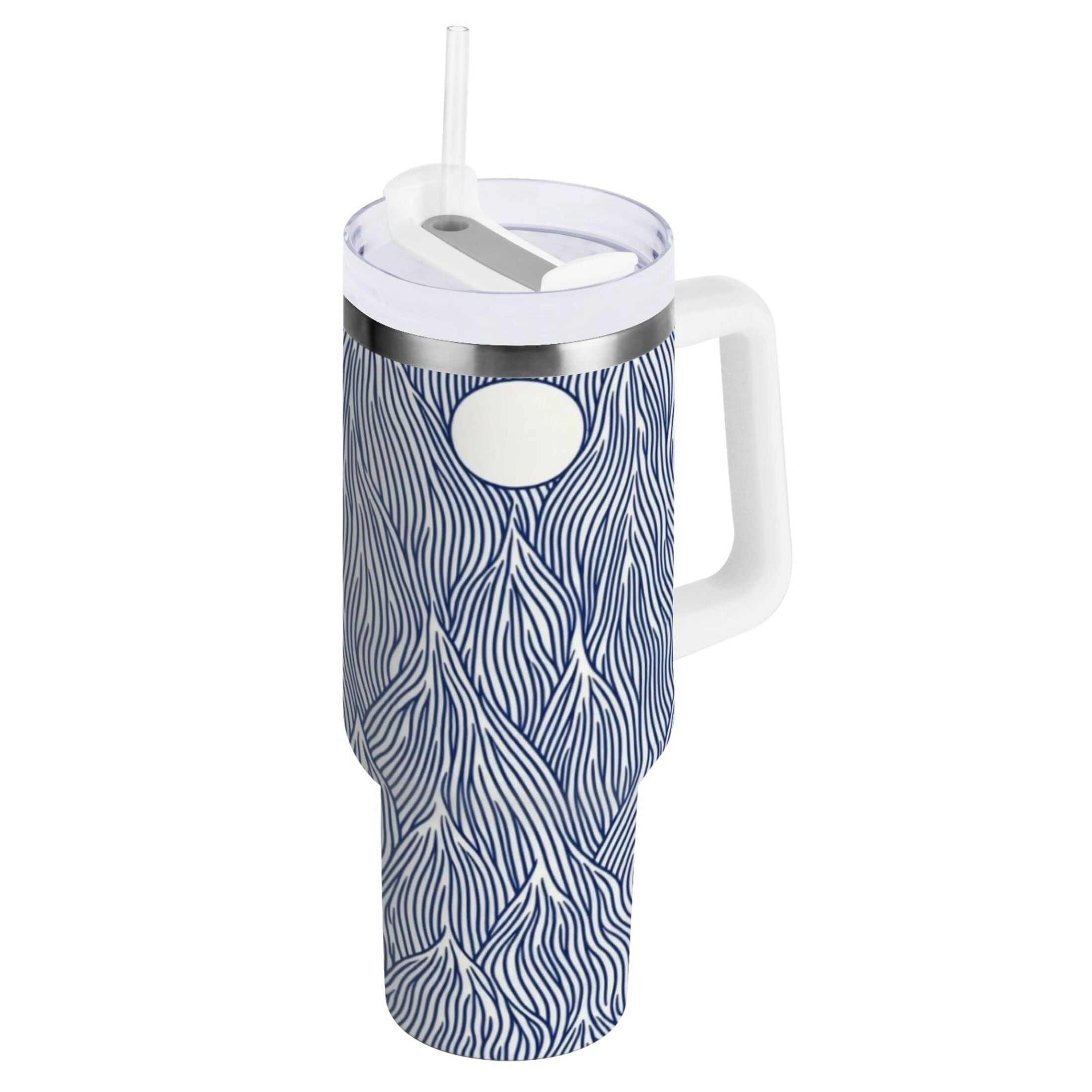 Navy blue peacock insulated stainless steel tumbler with a metal straw. main image 0