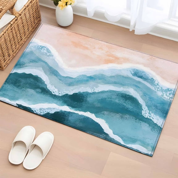 Navy Blue Waves Coastal 2x3 Door Mat Rug, Teal Ombre Summer Beach Oceans Non-Skid Rubber Backing Large Rectangle Rugs - Living Room Bedroom Home Office, Indoor Floor Mat Carpets Washable Rug
