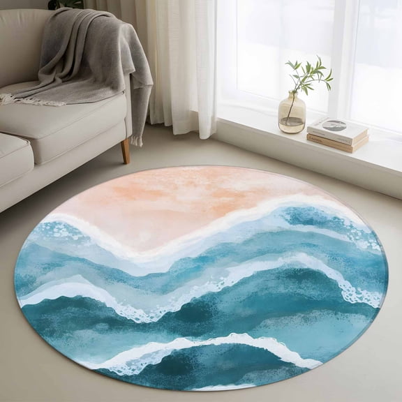 Navy Blue Waves Coastal 3ft Round Rug, Teal Ombre Summer Beach Oceans Non-Skid Rubber Backing Large Area Rugs - Living Room Bedroom Home Office, Indoor Floor Mat Carpets Washable Rug
