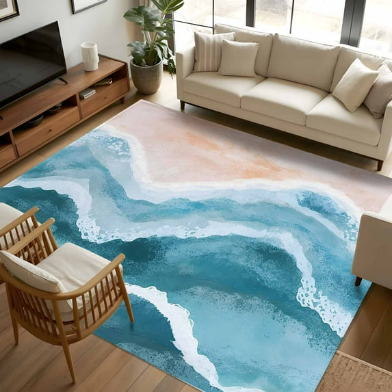 Navy Blue Waves Coastal 6x9 Area Rugs, Teal Ombre Summer Beach Oceans Non-Skid Rubber Backing Large Rectangle Rugs - Living Room Bedroom Home Office, Indoor Floor Mat Carpets Washable Rug