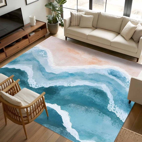 Navy Blue Waves Coastal 6x9 Area Rugs, Teal Ombre Summer Beach Oceans Non-Skid Rubber Backing Large Rectangle Rugs - Living Room Bedroom Home Office, Indoor Floor Mat Carpets Washable Rug
