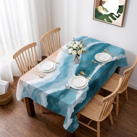 Navy Blue Waves Coastal Table Cloth Waterproof Tablecloths, Teal Ombre Summer Beach Oceans Tablecloth Dining Table Cover for Kitchen Party Tabletop Outdoor, Rectangle Tablecloth 60x84 Inch