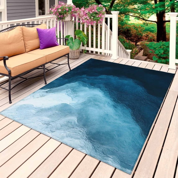 Navy Blue Waves Outdoor Rug 3x5 Ft, Non Slip Washable Area Rug, Coastal Summer Beach Ocean Patio Rugs Carpet Runner, Large Floor Mat for Indoor/Outdoor Deck Porch Camping