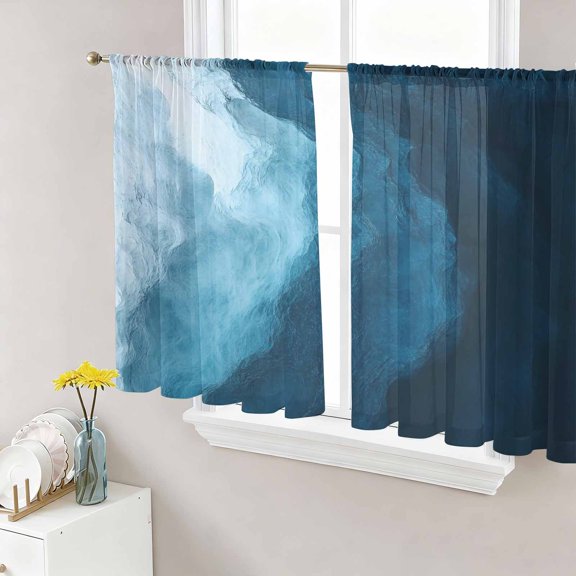Navy Blue Waves Sheer Curtains 45 Inch Length 2 Panels for Living Room, Coastal Summer Beach Ocean Voile Kitchen Curtain Set, Luxury Privacy Drapes Window Treatment for Bedroom