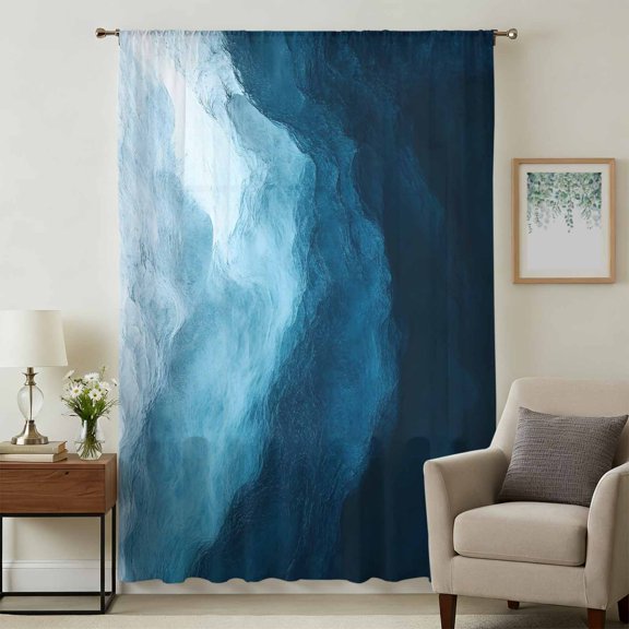 Navy Blue Waves Sheer Curtains 84 Inches Long, Coastal Summer Beach Ocean Light Filering Curtains, Breathable Simi Curtain Privacy Drapes for Living Room Bedroom Lightweight Window Treatment