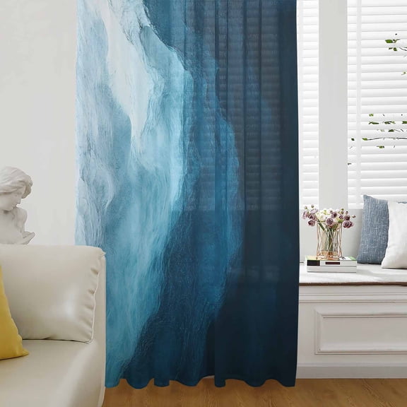 Navy Blue Waves Sheer Curtains 96 Inches Long for Living Room/Bedroom, Coastal Summer Beach Ocean Rod Pocket Voile Kitchen Curtains & Drapes Window Treatment 1 Panel, 52"W x 96"L