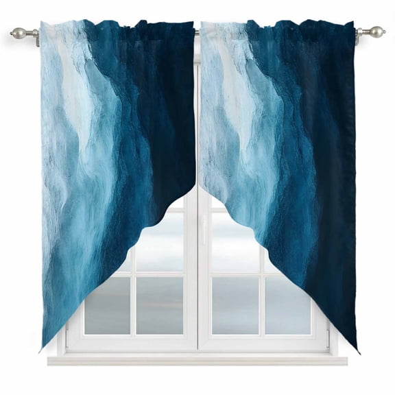 Navy Blue Waves Swag Valances for Windows, Kitchen Curtains 36 Inch Length 2 Panels Set, Coastal Summer Beach Ocean Short Curtains for Small Windows Rod Pocket Cafe Curtains Drapes 28"x36"