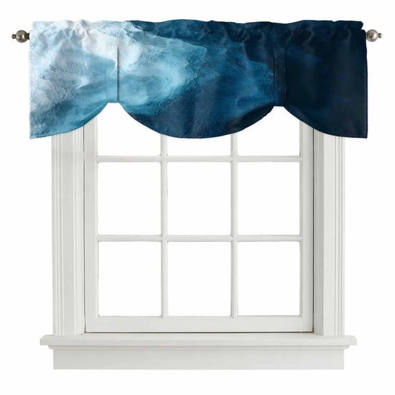 Navy Blue Waves Tie Up Valance Curtains for Windows, Kitchen Curtains Window Treatments, Coastal Summer Beach Ocean Short Window Shades Valances for Bedroom Bathroom Cafe 42"x12"