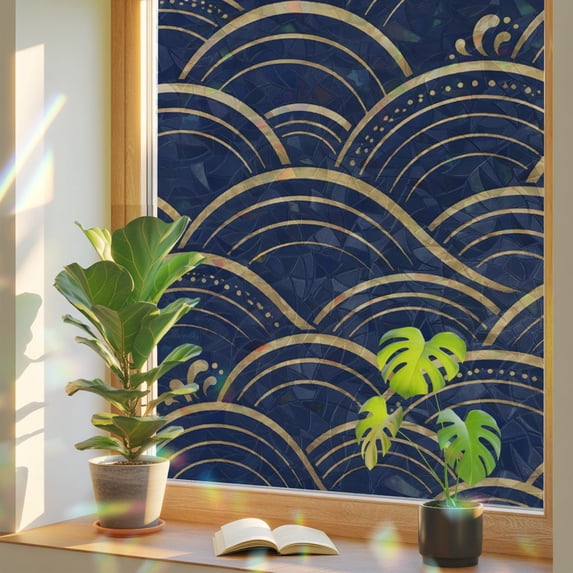 Navy Blue Waves Window Privacy Film Rainbow Static Cling Stain Glass ...