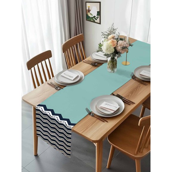 Navy Blue Wavy Abstract Geometric Table Runner 13x70in Non-Slip Cotton Linen Table Runners, Watercolor Zigzag Chevron Dresser Scarves TableRunner for Dinner Kitchen Dining Wedding Party