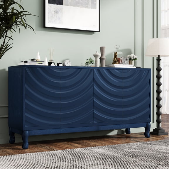 Navy Blue Wavy Door Sideboard - Home Storage, Adjustable Shelves Construction