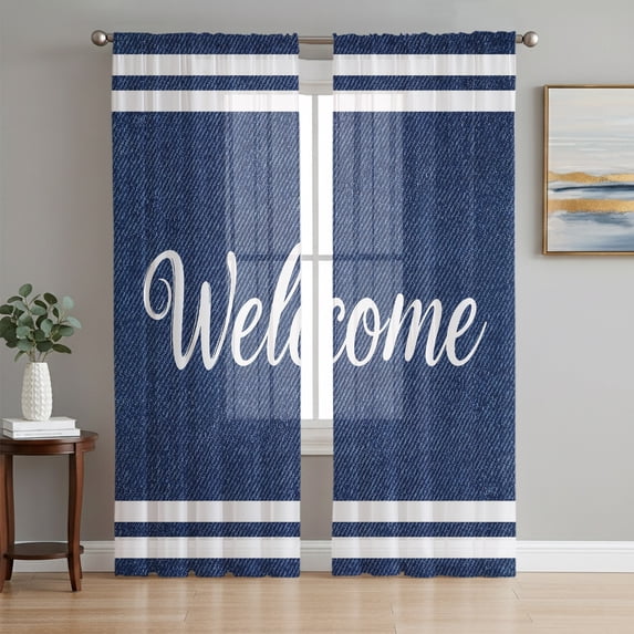 Navy Blue Welcome Sheer Curtains 63 Inch Length 2 Panels Set, Farmhouse Striped Modern Art Voile Window Treatment Rod Pocket Curtains Sheers Drapes for Bedroom/Living Room/Kitchen 52x"63"x2